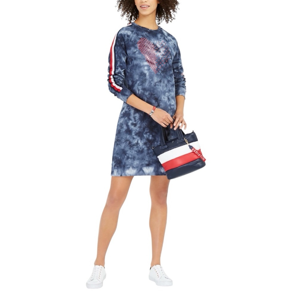 Tommy Hilfiger Tie-Dye Heart Sweatshirt Dress | Blue French Terry Casual